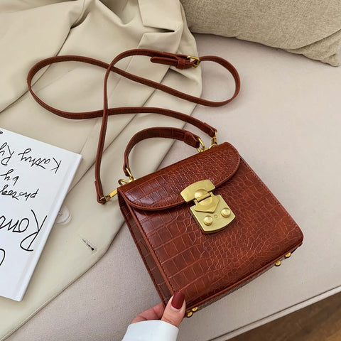 Mini Lock Stone Pattern PU Leather Crossbody Bag Brown