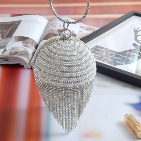 Luxury Diamond Tassel Pearl Beaded Clutch Bag Silver