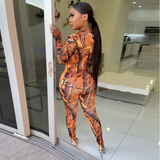 Long Sleeve Print Zip Up Skinny Bodycon Jumpsuit