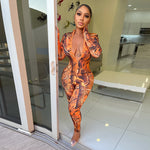 Long Sleeve Print Zip Up Skinny Bodycon Jumpsuit