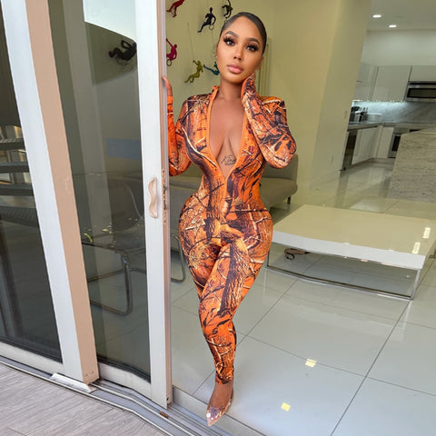 Long Sleeve Print Zip Up Skinny Bodycon Jumpsuit