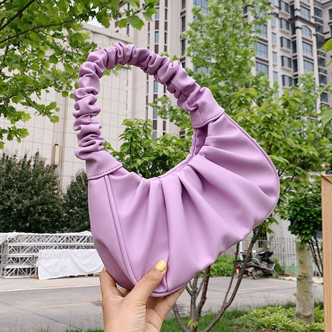 Elegante Pleated Leather Solid Totes Shoulder Bag Purple