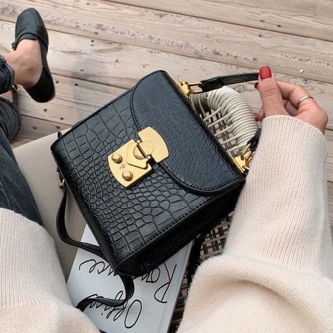 Mini Lock Stone Pattern PU Leather Crossbody Bag Black
