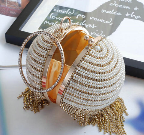 Luxury Diamond Tassel Pearl Beaded Clutch Bag Gold