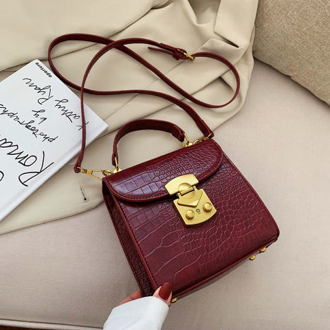 Mini Lock Stone Pattern PU Leather Crossbody Bag Burgundy
