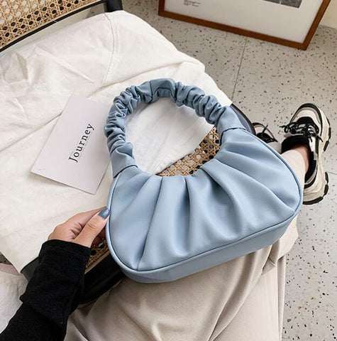 Elegante Pleated Leather Solid Totes Shoulder Bag Blue