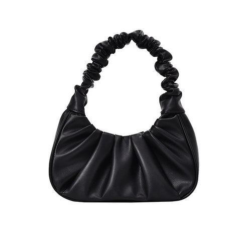 Elegante Pleated Leather Solid Totes Shoulder Bag Black